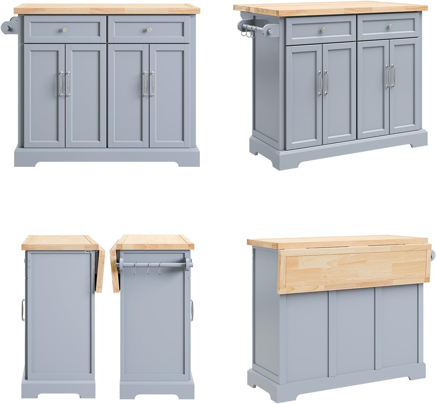 Grey Rolling Kitchen Island Extendable Worktop 115cm Cart