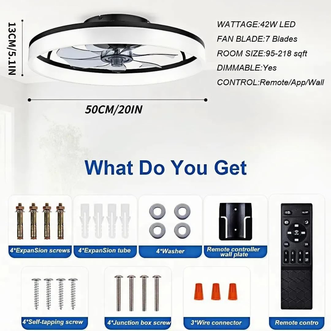 50cm Ceiling Fan Light, Smart Remote, Quiet 6-Speed Dimmable LED