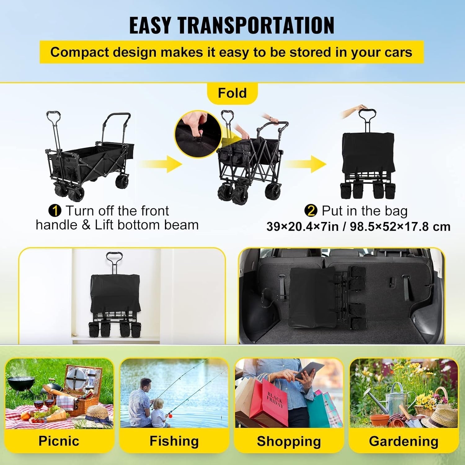 Extra Large Folding Wagon 220lbs Canopy Push Pull Cart Rear Storage 600D Black