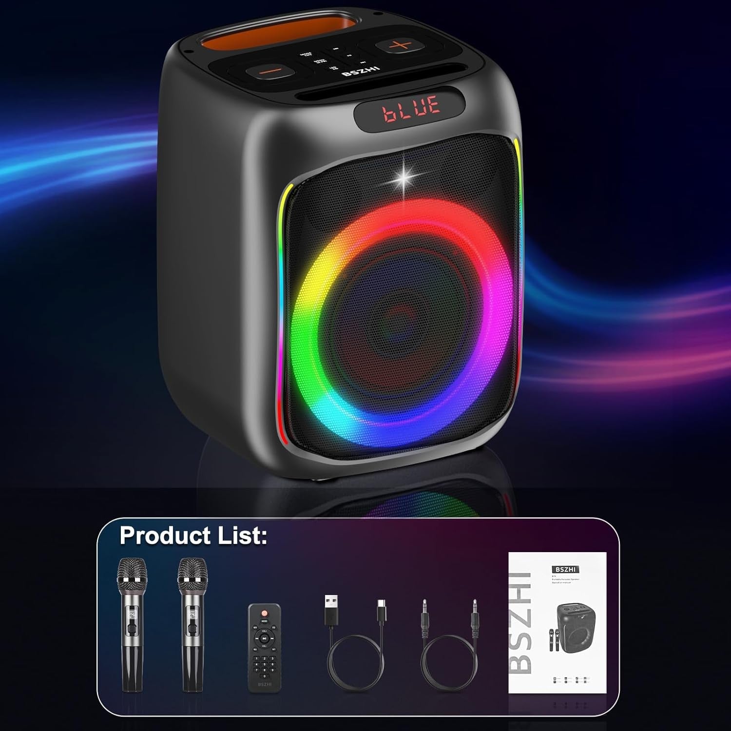 80W Portable Bluetooth Karaoke Machine 2 Wireless Mics LED Lights