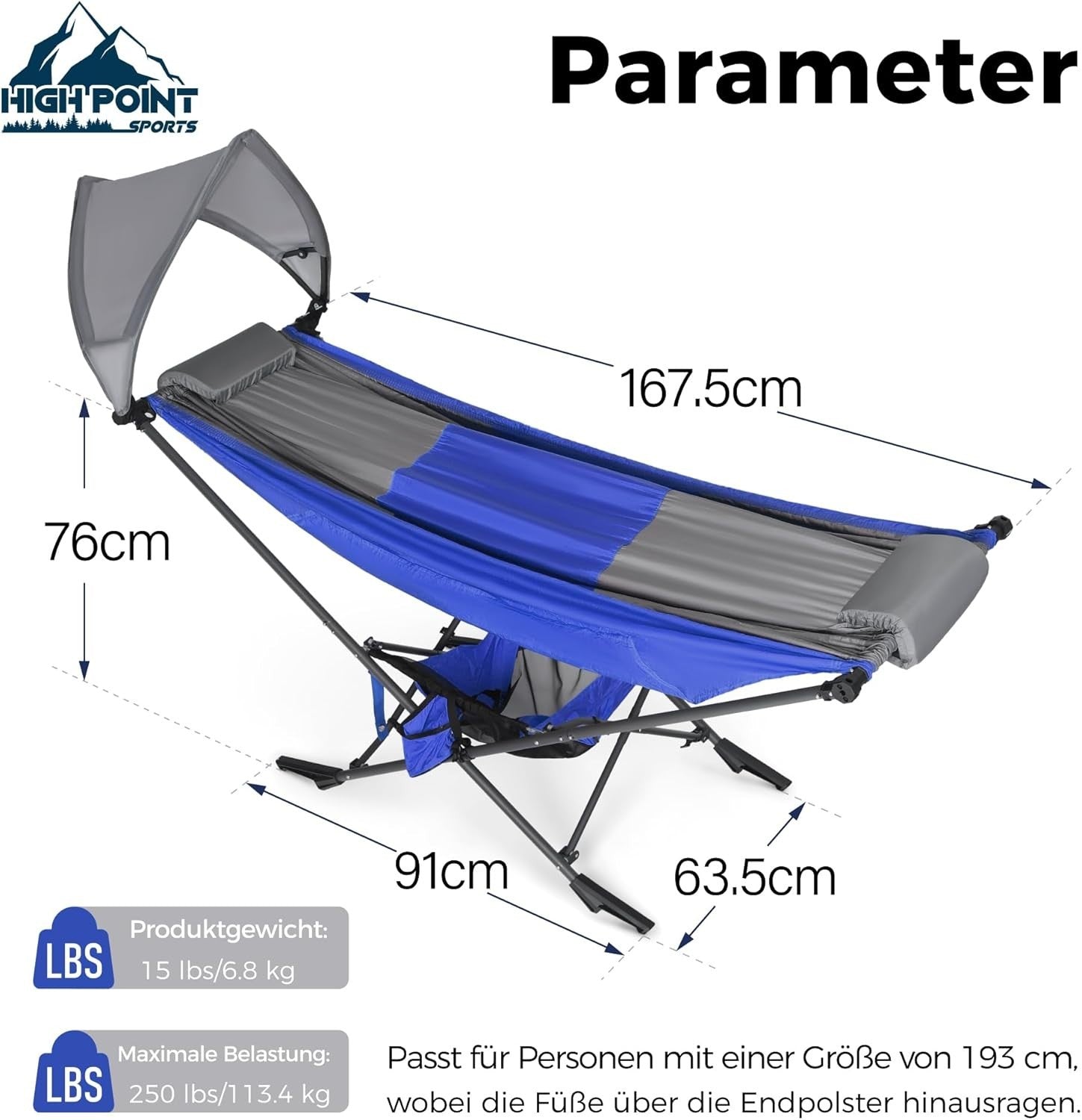 Blue Portable Hammock with Stand & Adjustable Canopy | 168x76cm Heavy-Duty