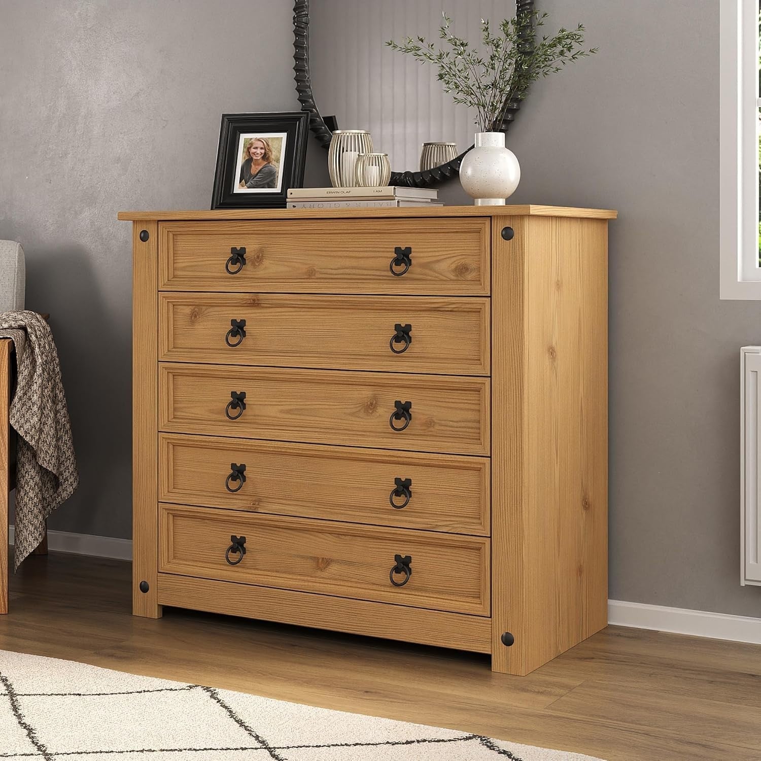 Solid Pine Chest of 5 Drawers, Rustic Waxed Wood Storage for Bedroom