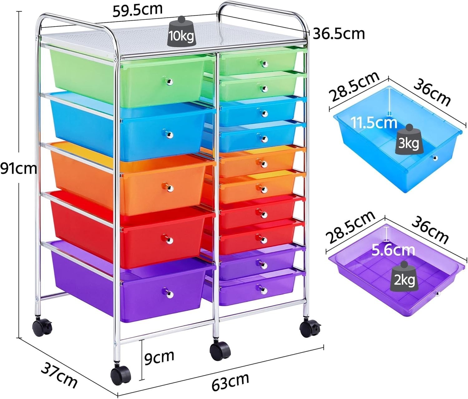 15 Drawer Rolling Storage Cart Mobile Organizer Trolley with Wheels