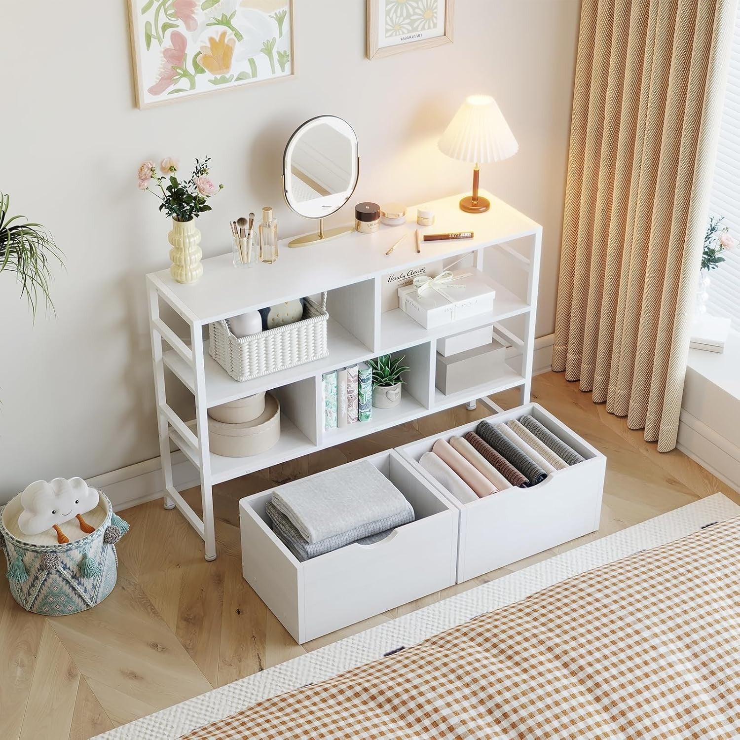 4 Tier White Bookcase with 2 Drawers Modern Storage Shelf for Living Room White