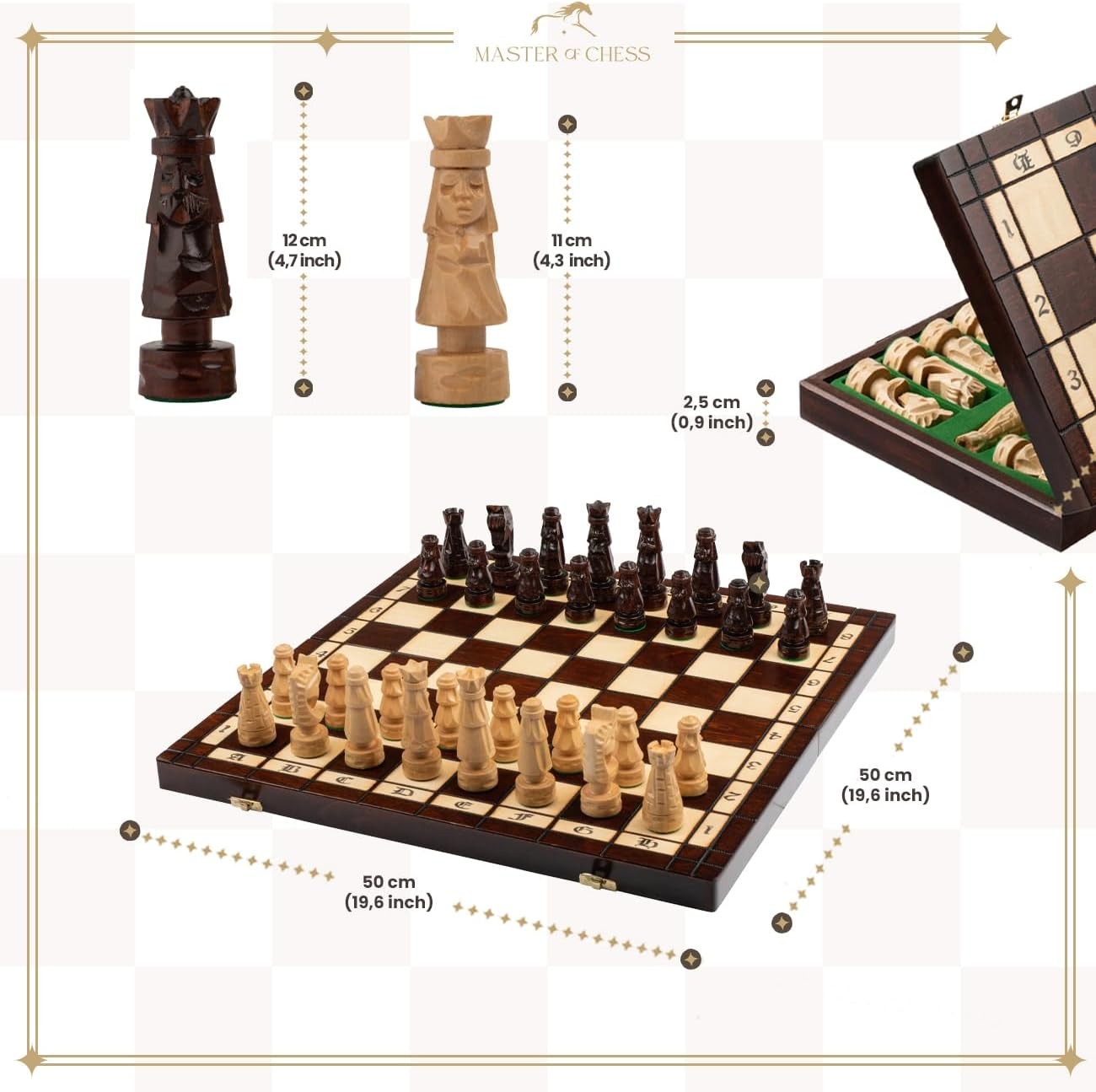 Luxury 20" Wooden Chess Set Foldable Board with Hand Carved Weighted Pieces