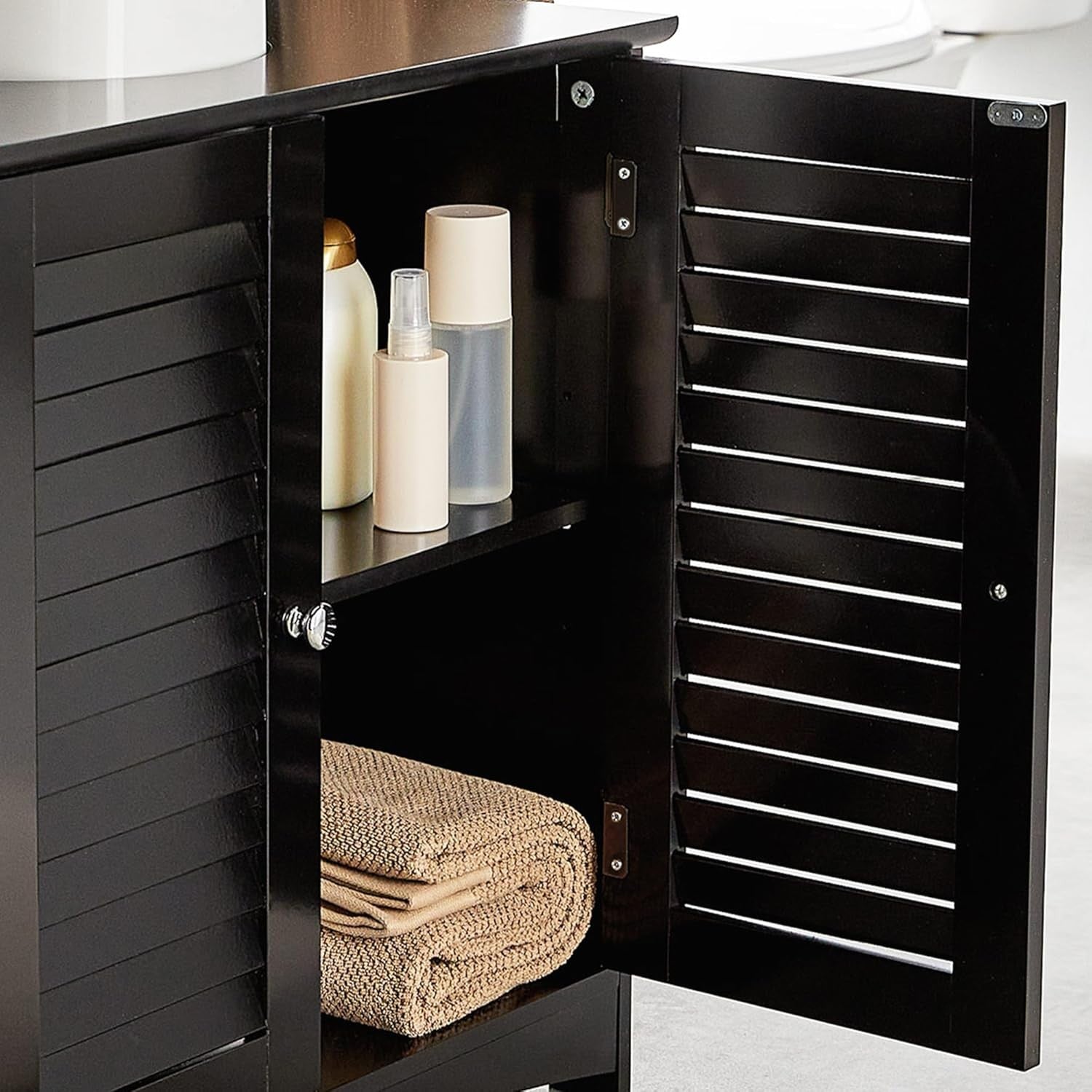 Black Under Sink Bathroom Cabinet 60cm Vanity Unit with Shelves Shutter Doors