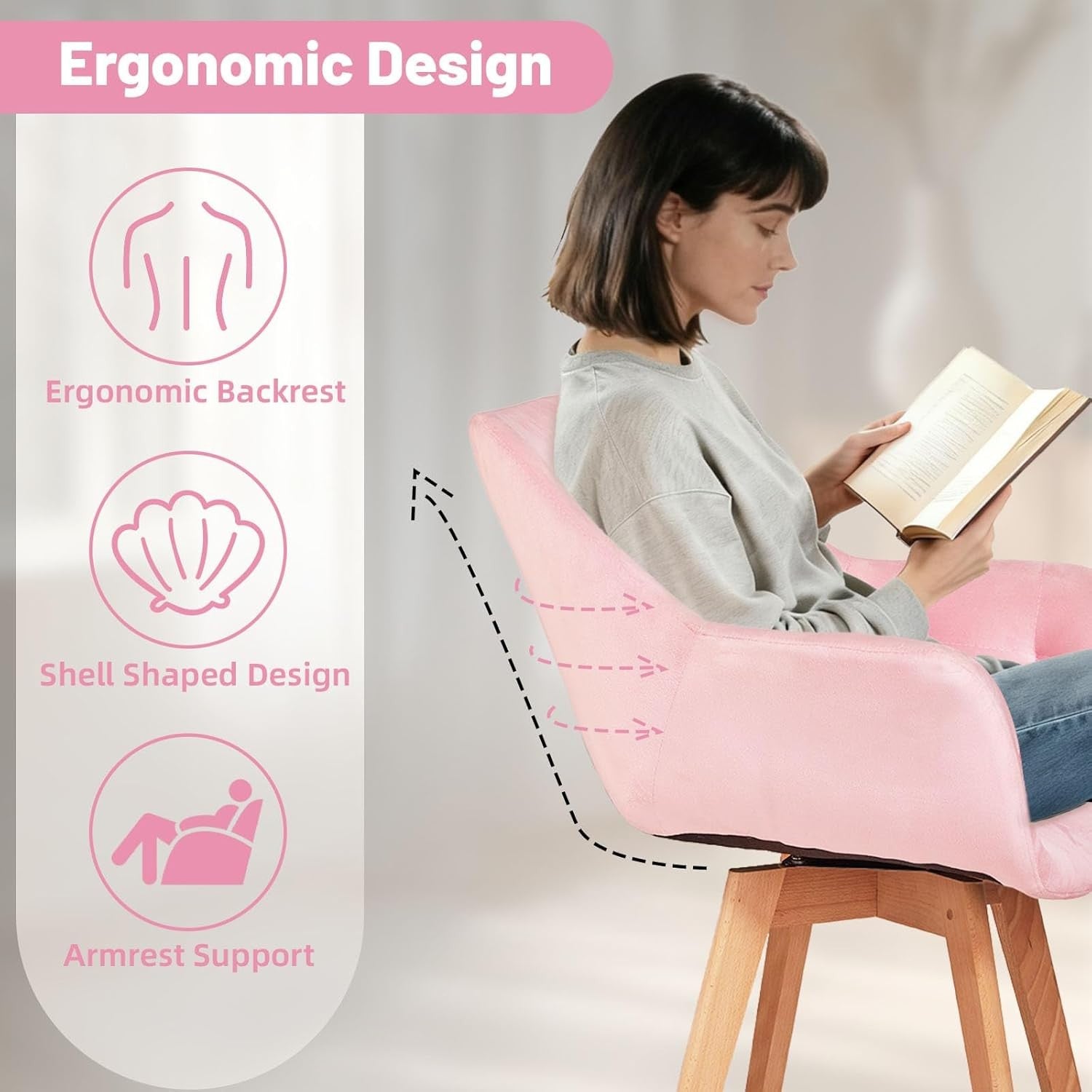 Pink Velvet Swivel Accent Armchair Vanity Makeup Chair Wood Legs