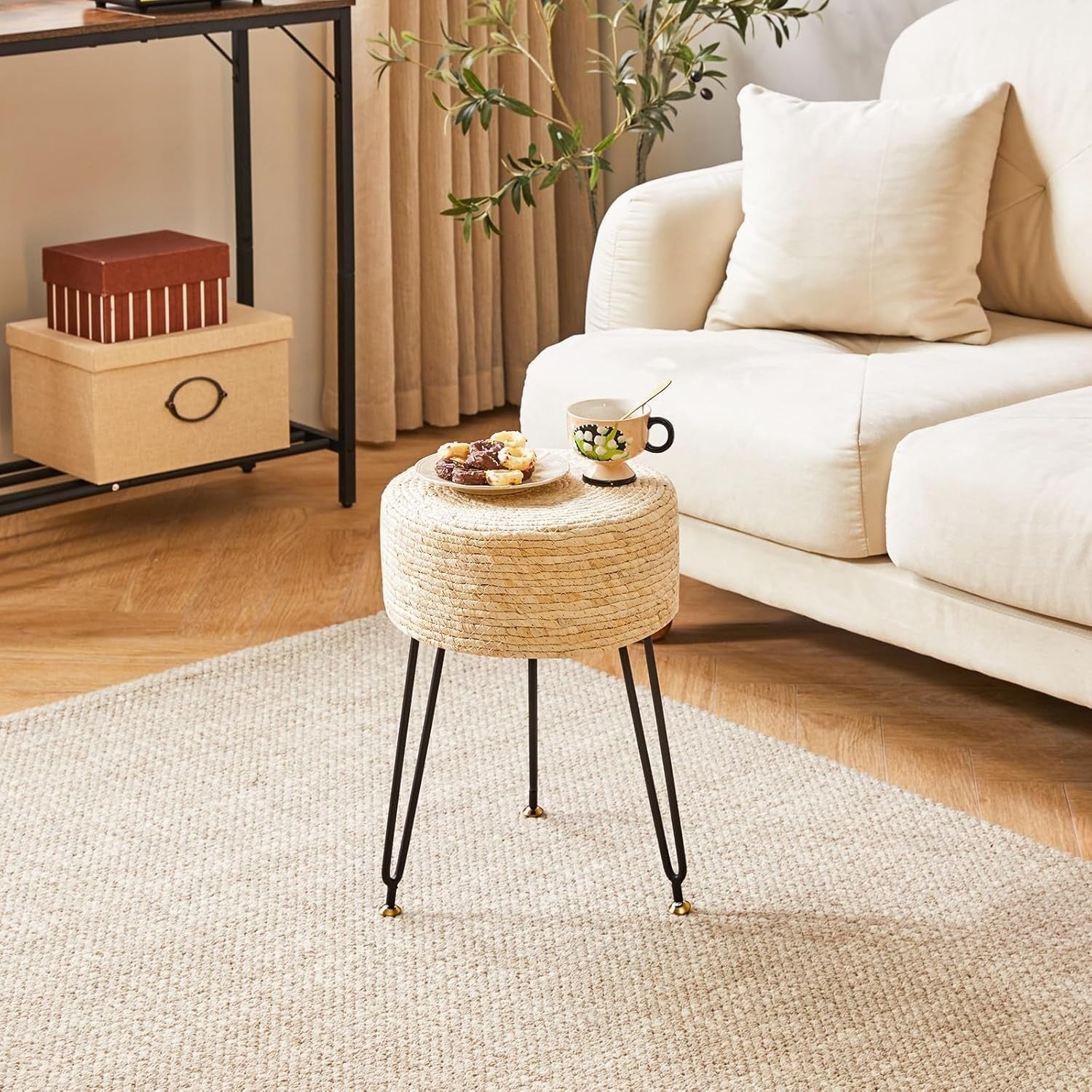 Beige Seagrass Woven Footstool Round Pastoral Stool Metal Legs 32×32×45cm