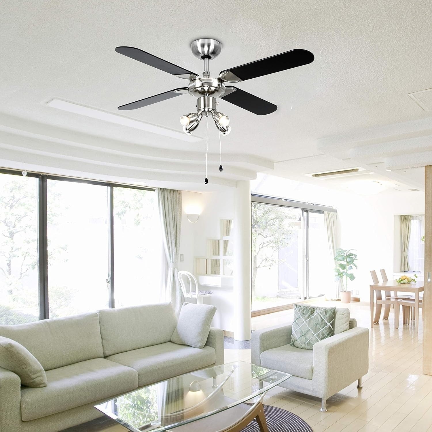 MiniSun 42" Chrome Ceiling Fan with Spotlights, Reversible Black/Silver Blades