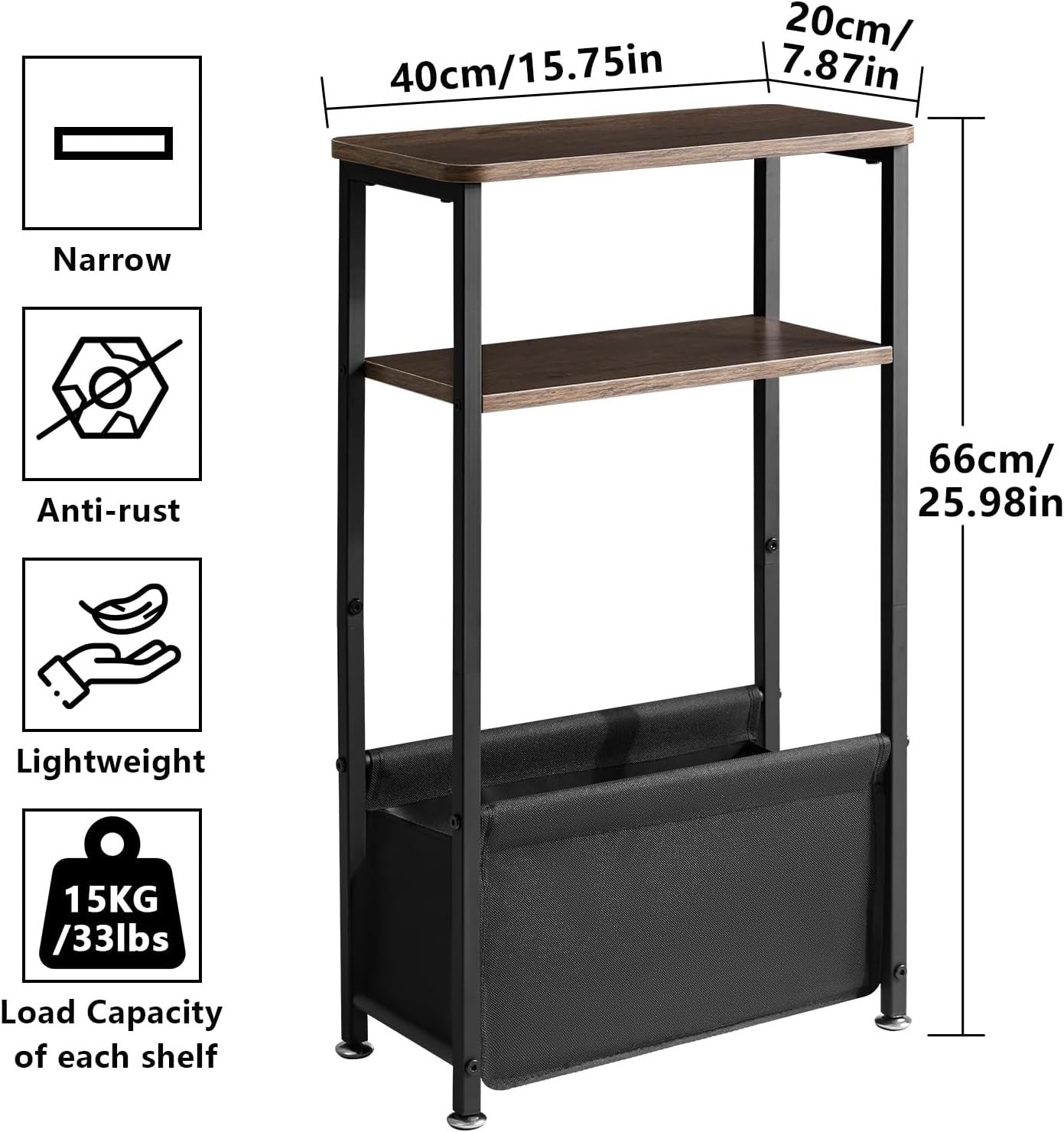 Slim 3-Tier Side Table Storage Basket – Narrow Bedside/End Table for Small