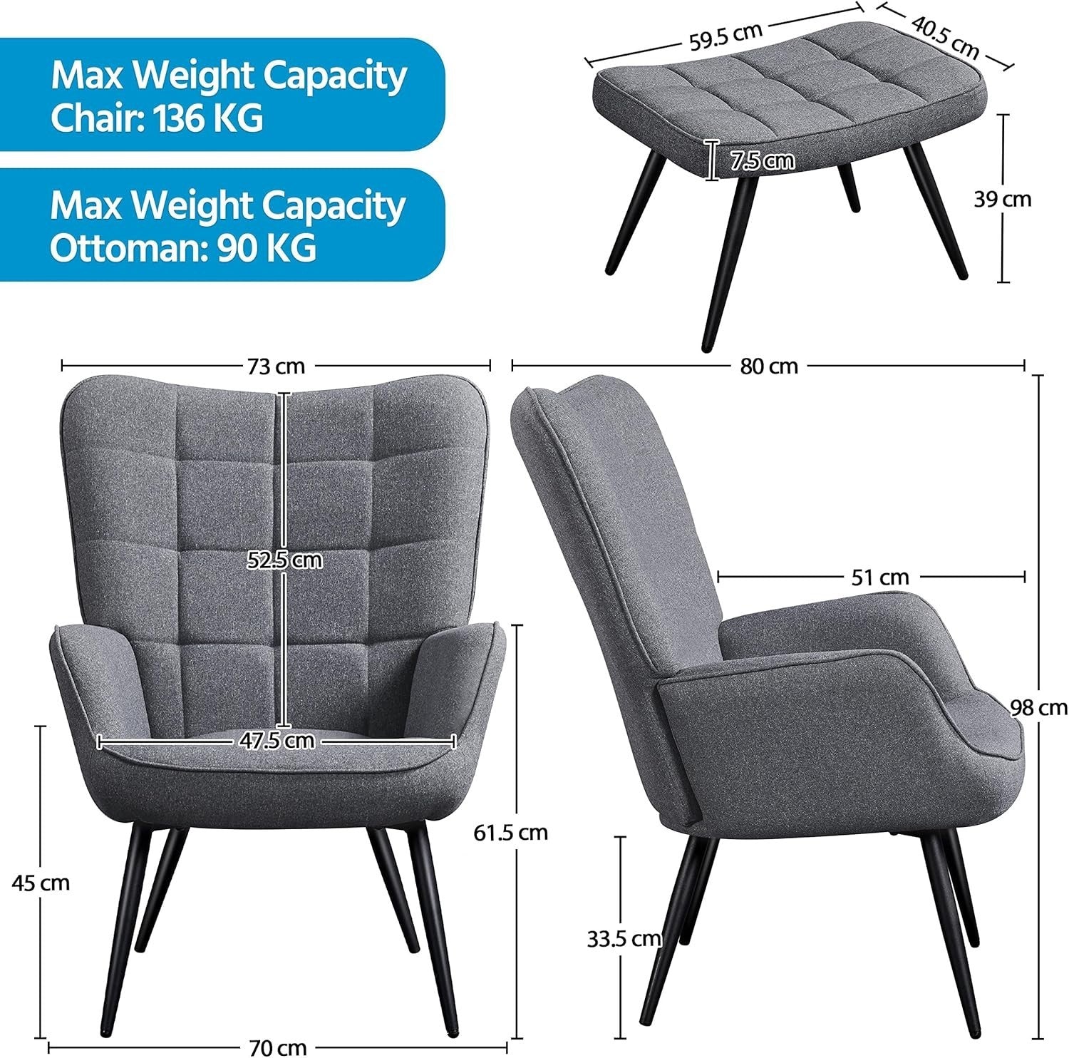 Modern Oversized Gray Linen Accent Chair with Ottoman - High Back Living Room