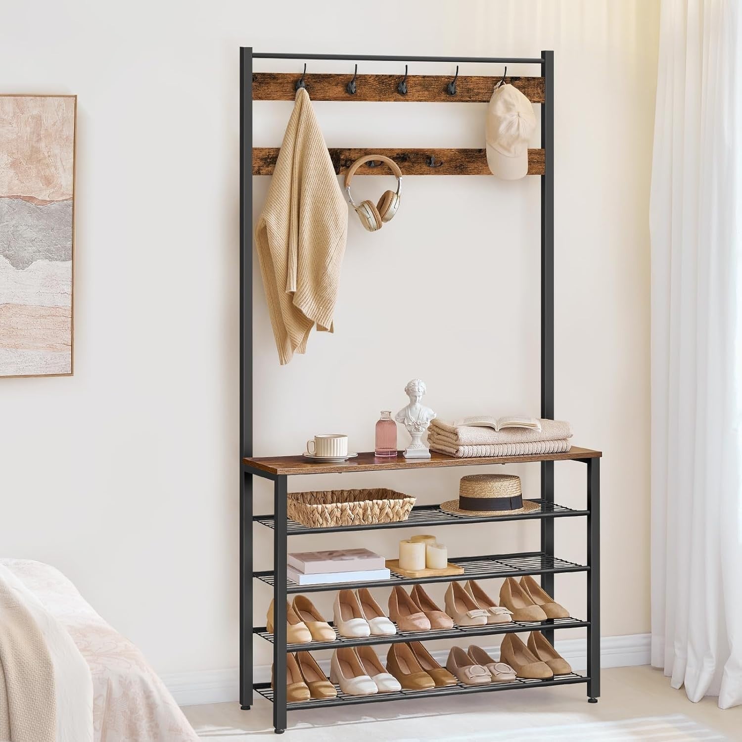 Large Coat Rack with Shoe Storage – 9 Hooks Hall Tree Unit 190cm