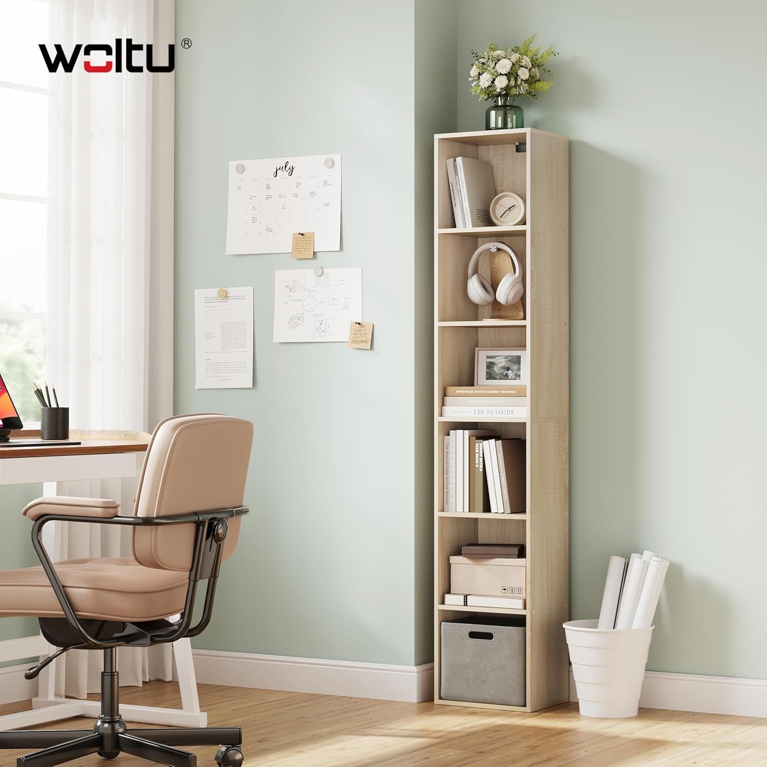 Tall Oak Bookcase 6 Cube Shelf Unit Modern Slim Storage for Living Room Bedroom