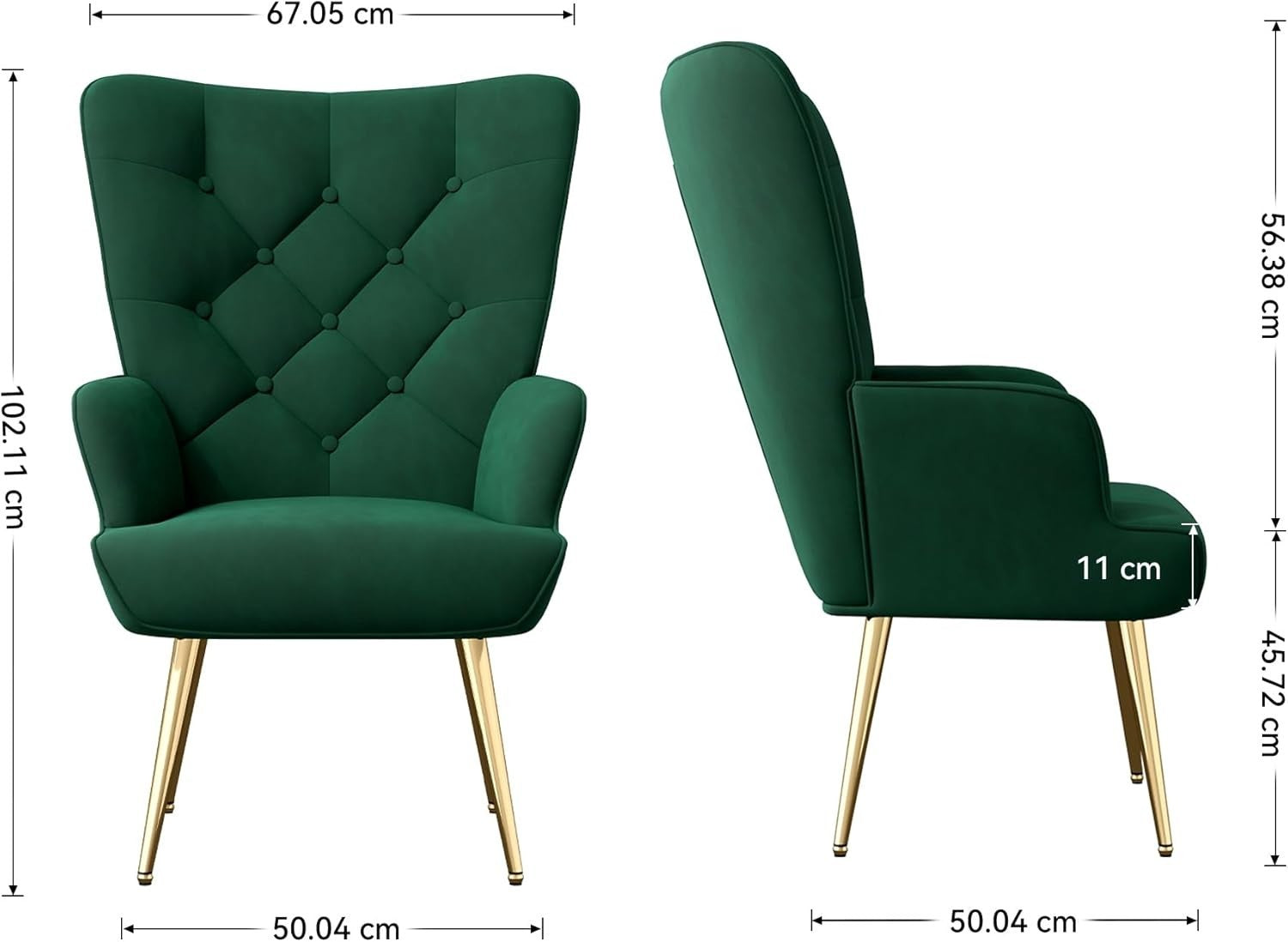 Velvet Wingback Armchair High Back Gold Legs Comfy Lounge Chair Green