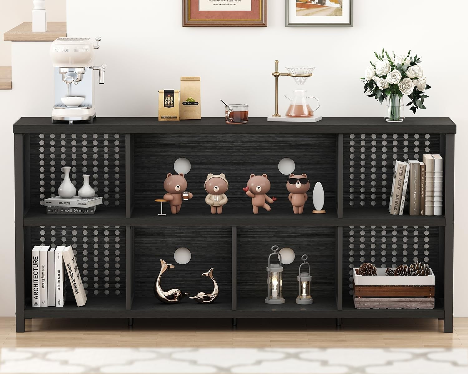 Black 8 Cube Wooden Bookcase Storage Shelf Cabinet Industrial Style 160x34x76cm