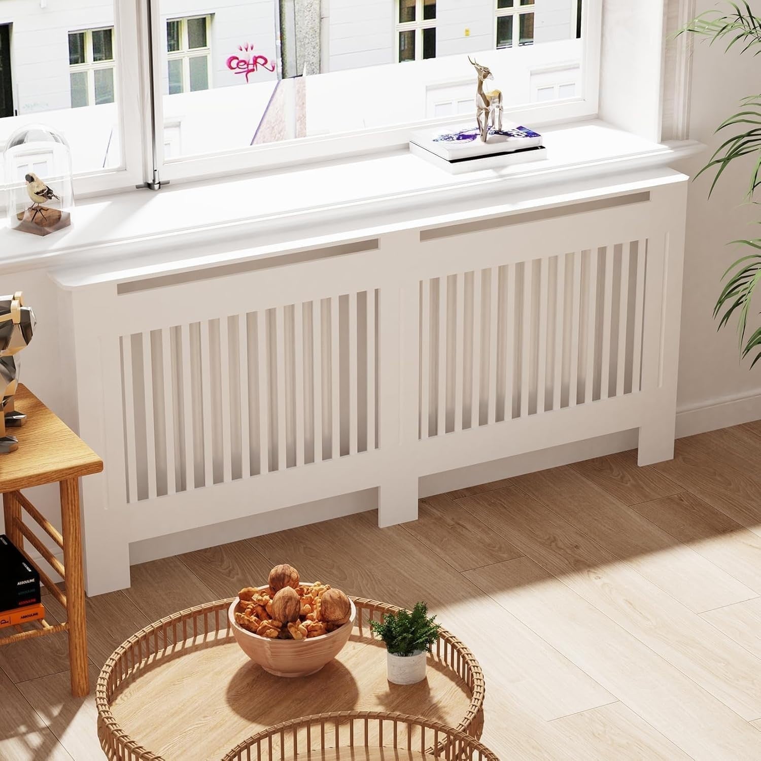 Large Radiator Cover White MDF Cabinet | Vertical Slats Tall Shelf 100cm