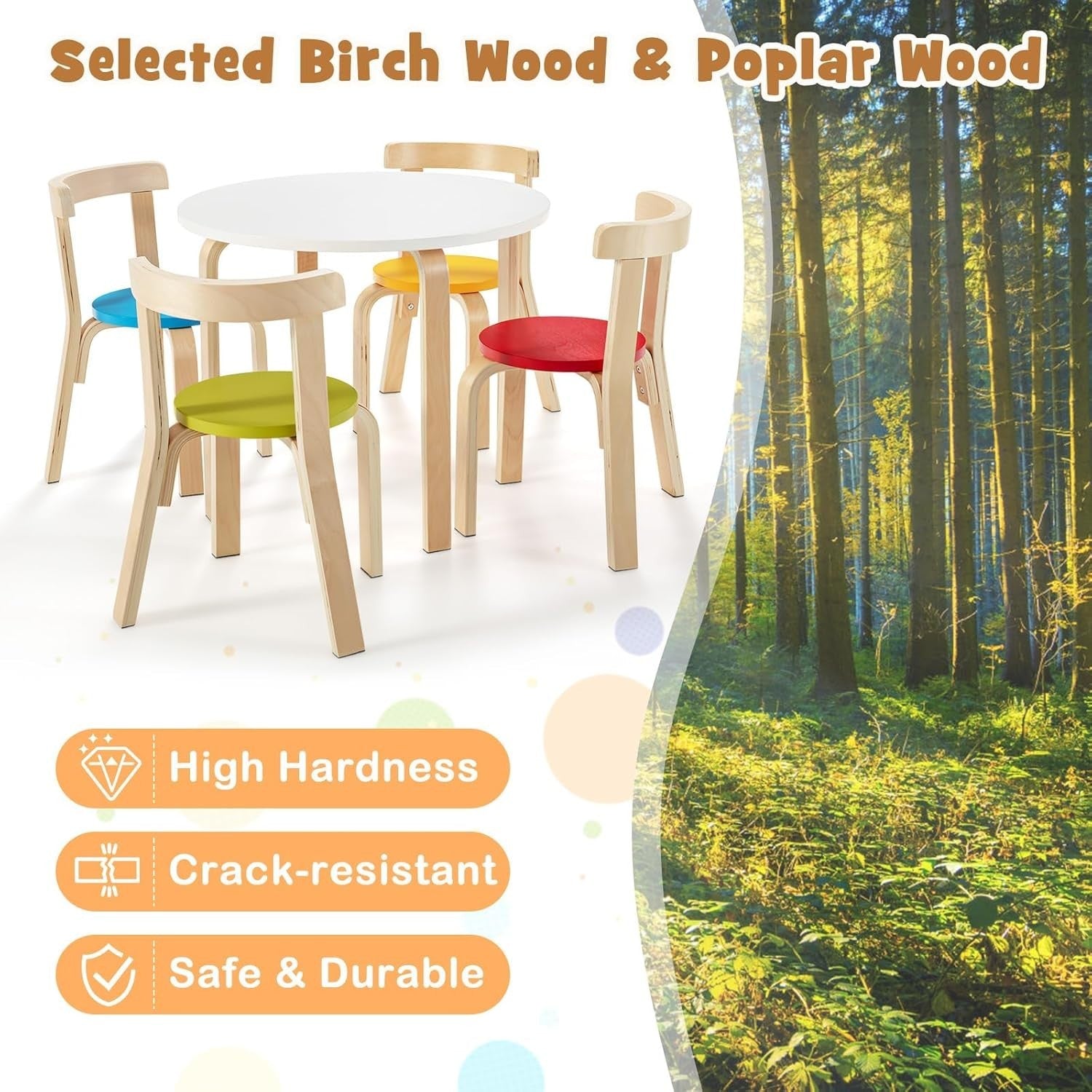 Kids Wooden Table & 4 Chairs Set Bright Colors Activity Desk for Playroom