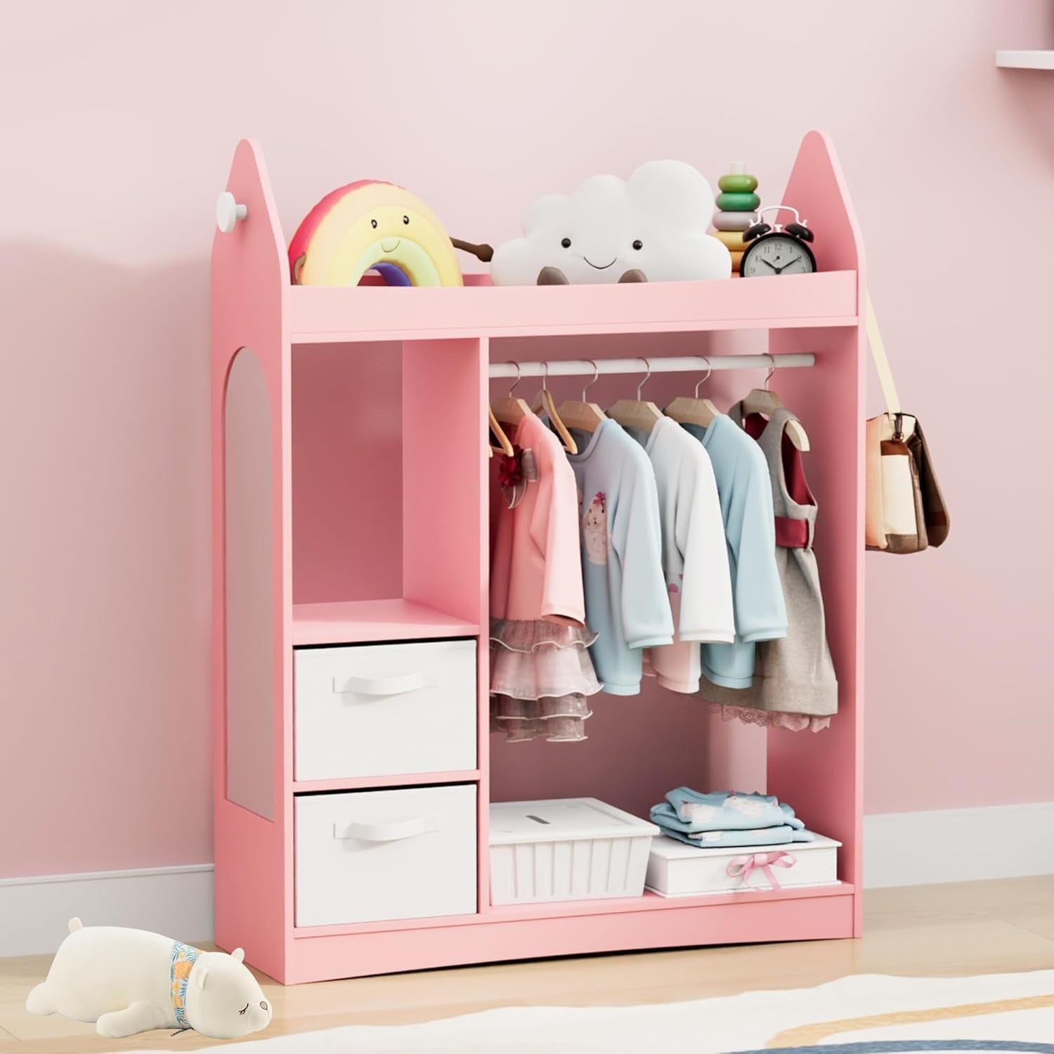 Kids Wardrobe with Mirror, 2 Drawers & Hanging Rail, Pink Rocket Design