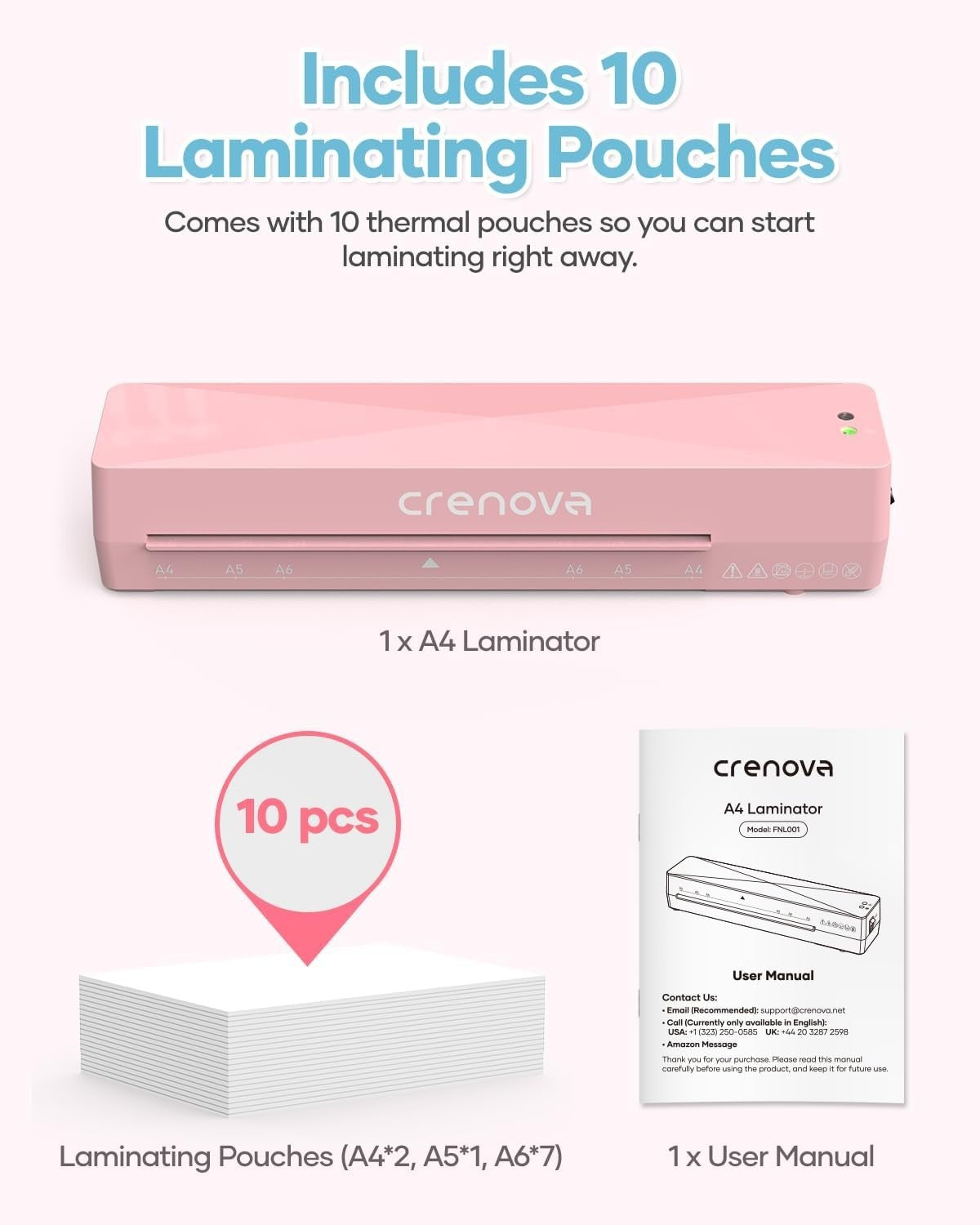 A4 Laminator Pink Hot Cold Fast Warm Up Anti Jam + Pouches