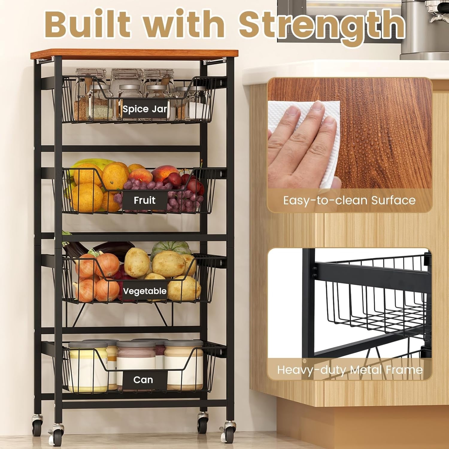 5 Tier Rolling Storage Cart Kitchen Trolley Mesh Baskets Wooden Top