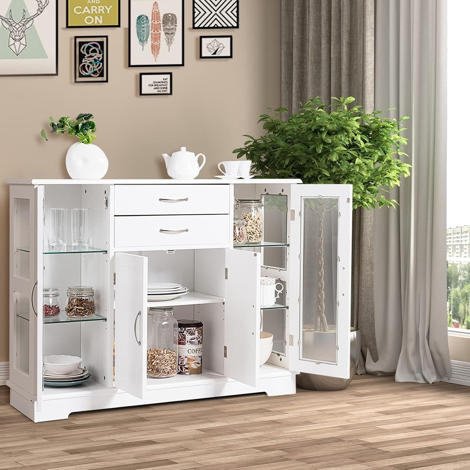 White  Sideboard Buffet Cabinet Glass Doors Storage Unit with Drawers