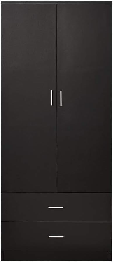 Black 2 Door Wardrobe with Hanging Rail & 2 Drawers Durable Bedroom Closet