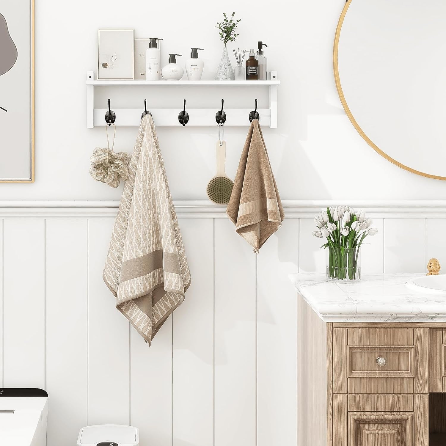 24in White Wall Mounted Coat Rack with Shelf Entryway Hat Towel Bag Hooks