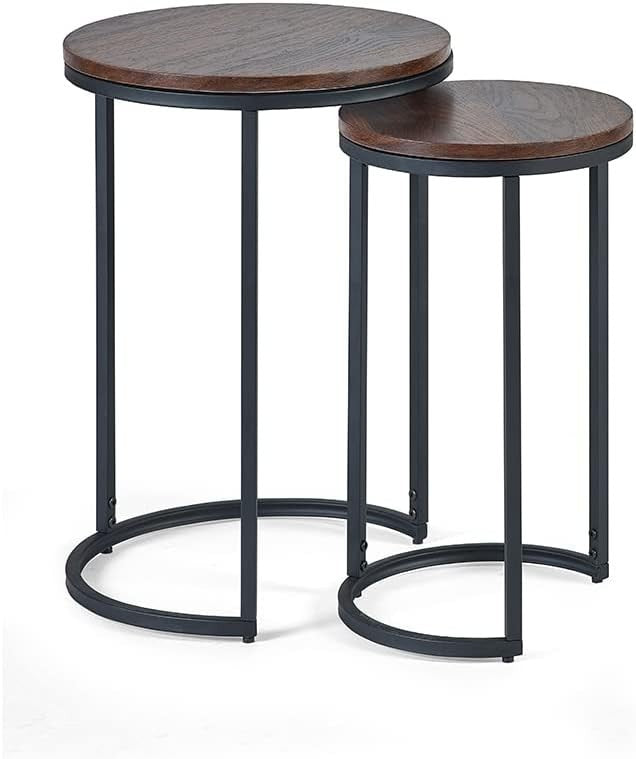 Walnut Effect Round Side Table Metal Frame Living Room Modern Minimalist