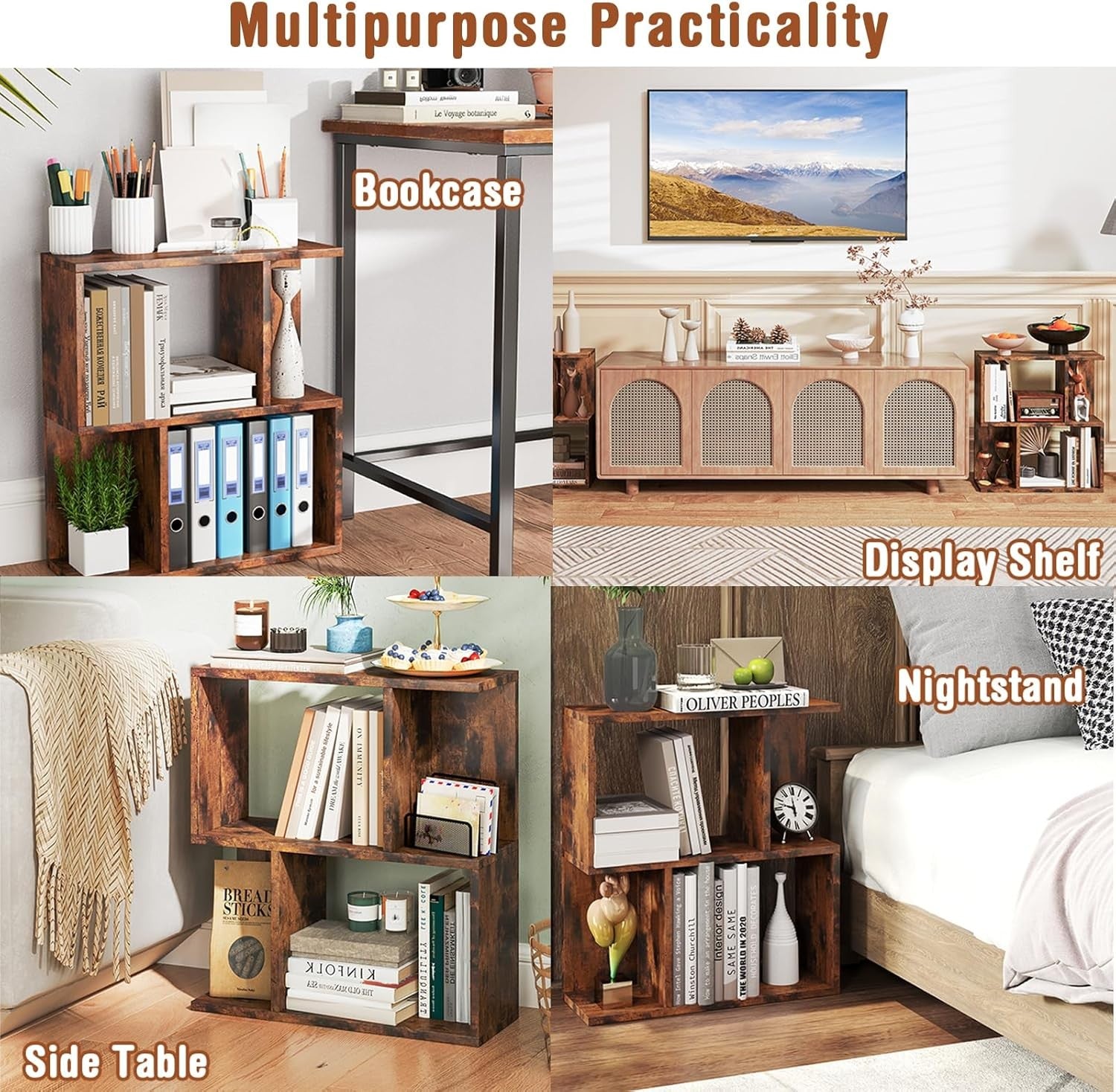 Rustic Brown 3 Tier S-Shaped Bookcase Small Freestanding Display Shelf 50×18×56