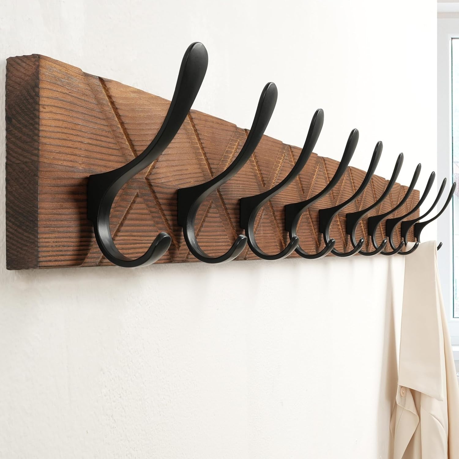 Antique Wooden Wall Coat Rack | 10 Hook Heavy Duty Hanger Brown & Black