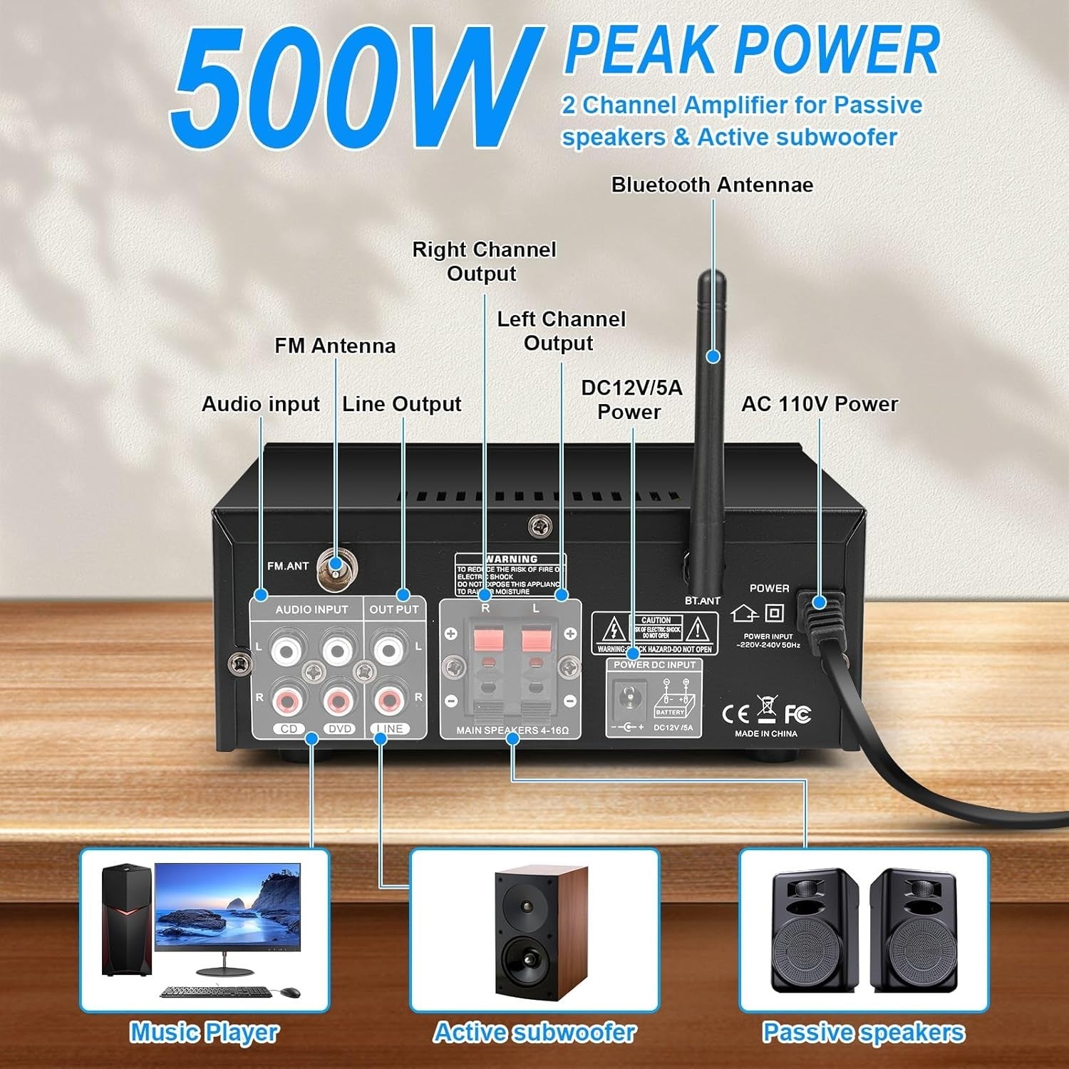 500W Bluetooth 5.0 Stereo Amplifier 2 Channel HiFi FM USB