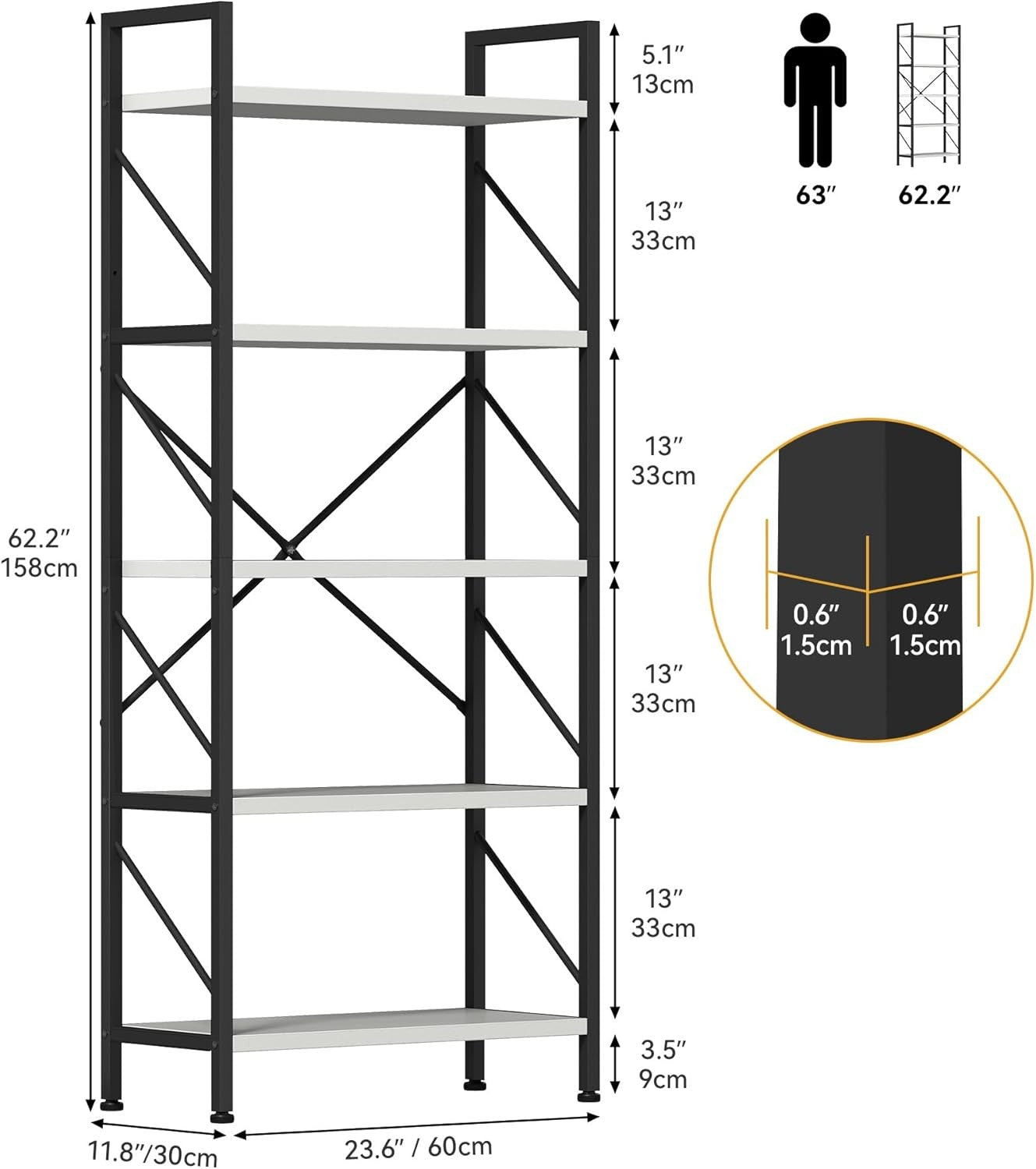 White Industrial 5-Tier Bookshelf Metal Frame Wood Shelving Storage Unit 158cm