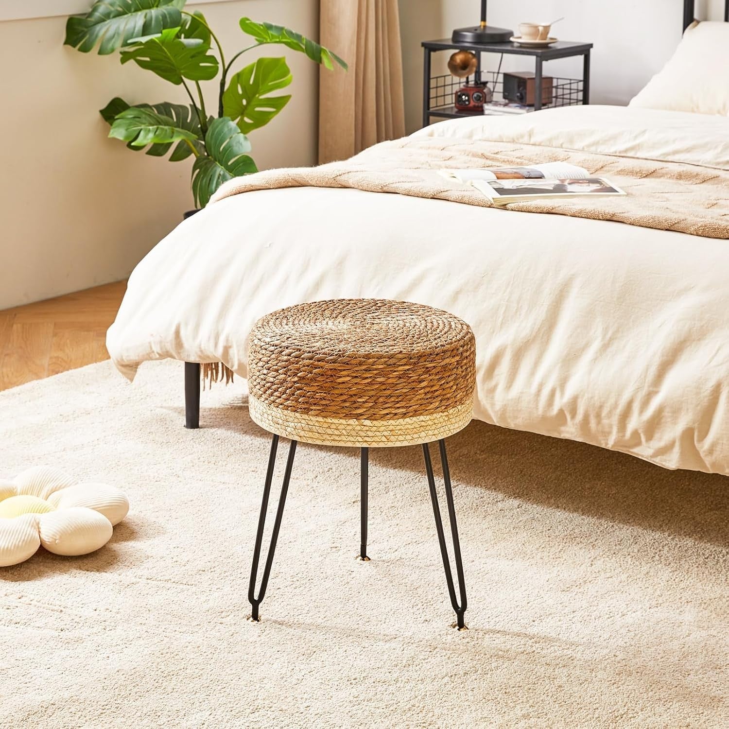 Natural & White Seagrass Footstool Round Woven Pastoral Stool 32×32×45cm