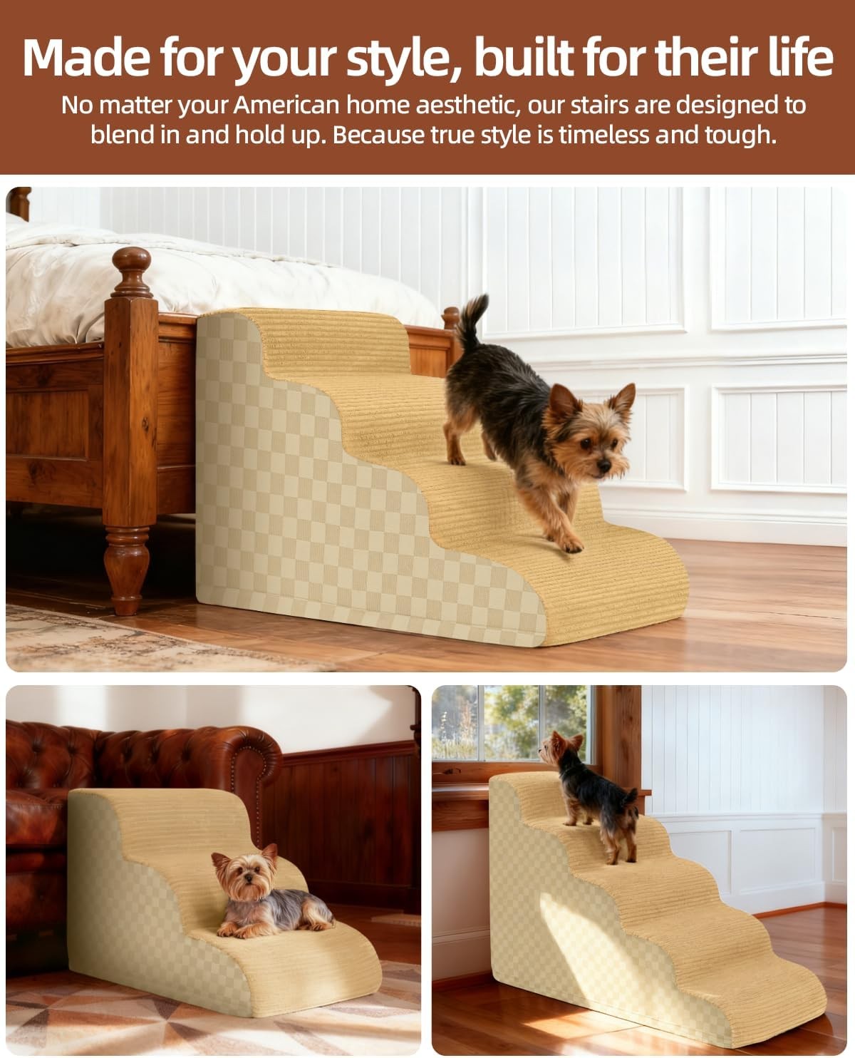 Curved Dog Stairs 22" 5-Step Small Dogs Non-Slip Foam Khaki