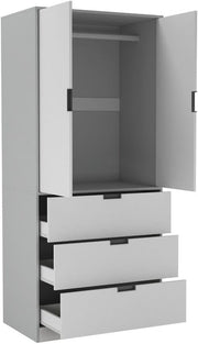 Modern 2 Door Wardrobe with 3 Drawers & Hanging Rail - Space-Saving Storage
