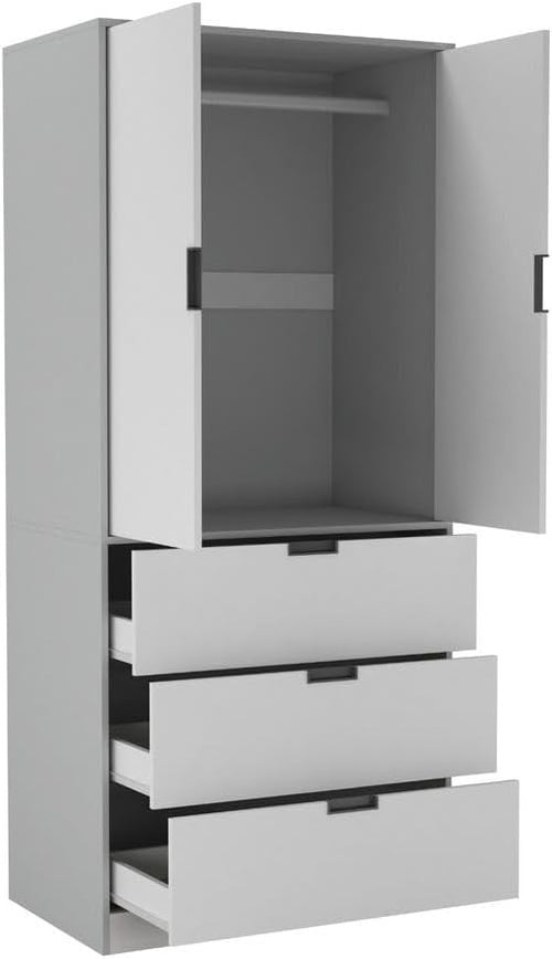 Modern 2 Door Wardrobe with 3 Drawers & Hanging Rail - Space-Saving Storage