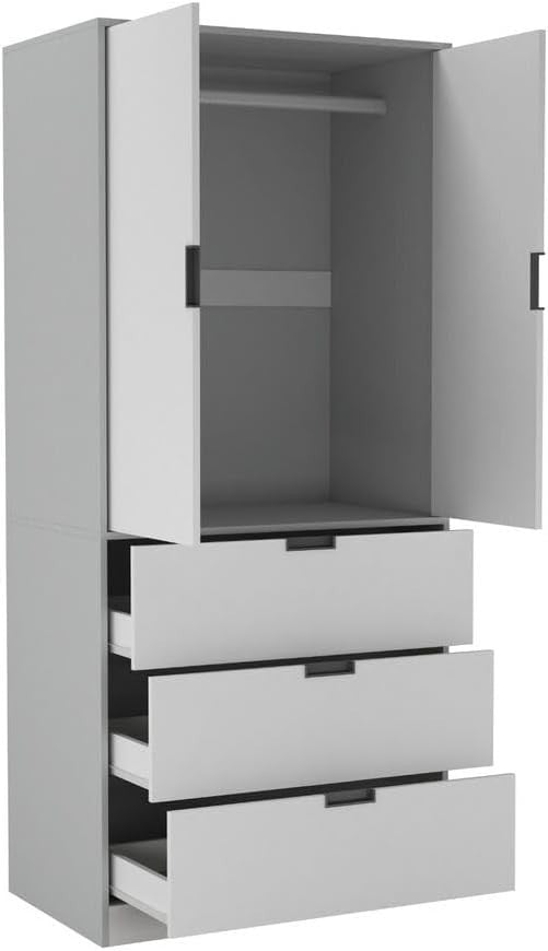 Modern 2 Door Wardrobe with 3 Drawers & Hanging Rail - Space-Saving Storage