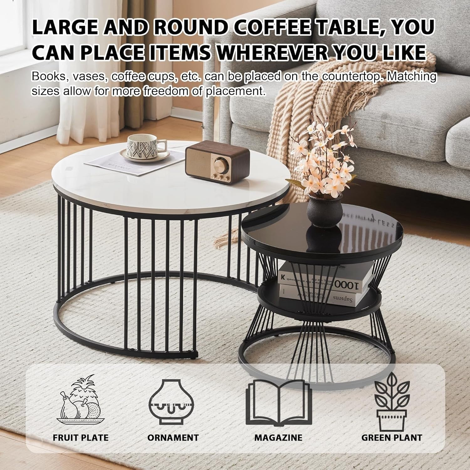 Nesting Coffee Tables Set of 2 Round Metal Frame Nightstand Black & White