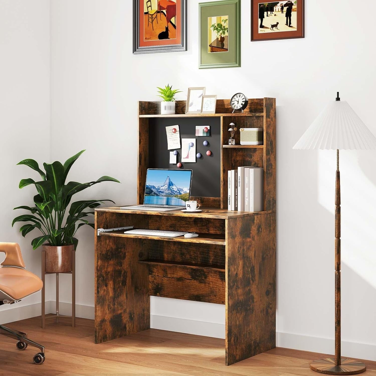 Rustic Brown Computer Desk with Hutch & Keyboard Tray Home Office Table