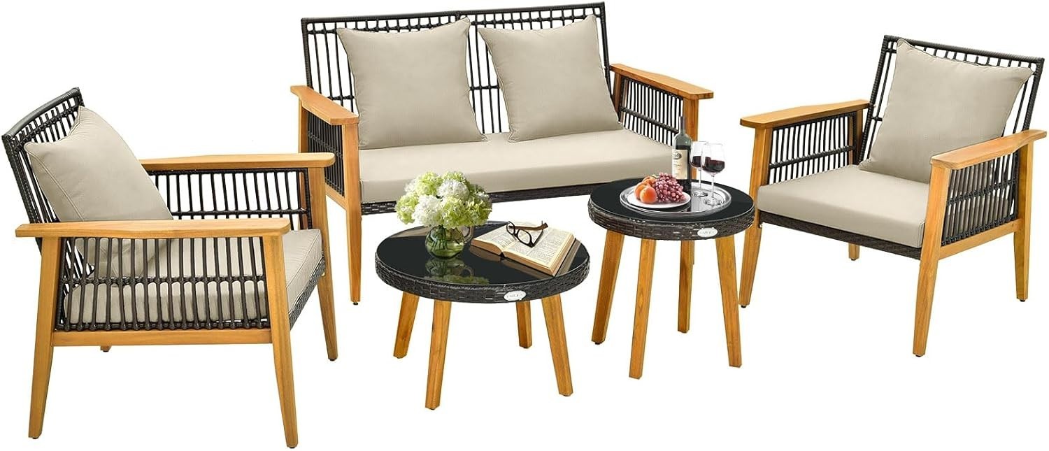 5 Piece Rattan Garden Conversation Set Sofa Chairs Tables Outdoor Patio