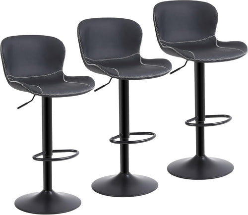 Black PU Leather Bar Stools Set of 3 | Adjustable Swivel Counter Chairs