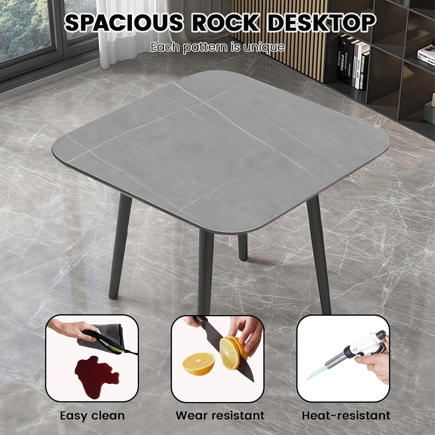 Space-Saving Rock Slab Marble Dining Table & 4 Velvet Chairs Set Grey