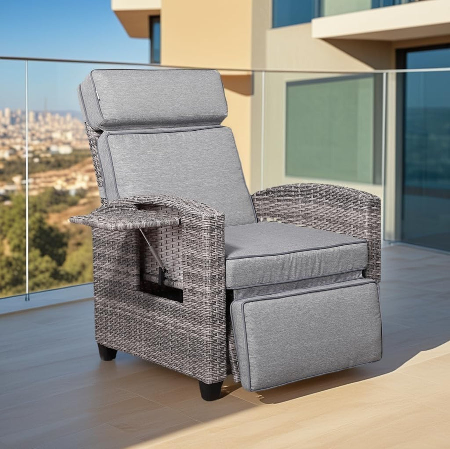 Outdoor Reclining Rattan Lounge Chair Adjustable Headrest Flip Table Grey