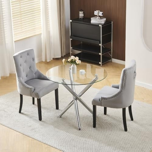 Modern 5-Piece Round Glass Dining Table with 2 Light Grey Velvet Chairs