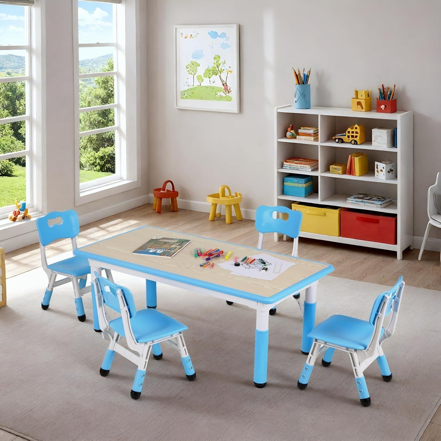 Height Adjustable Kids Table & 4 Chairs Set, Safe Plastic, 120x60cm Blue