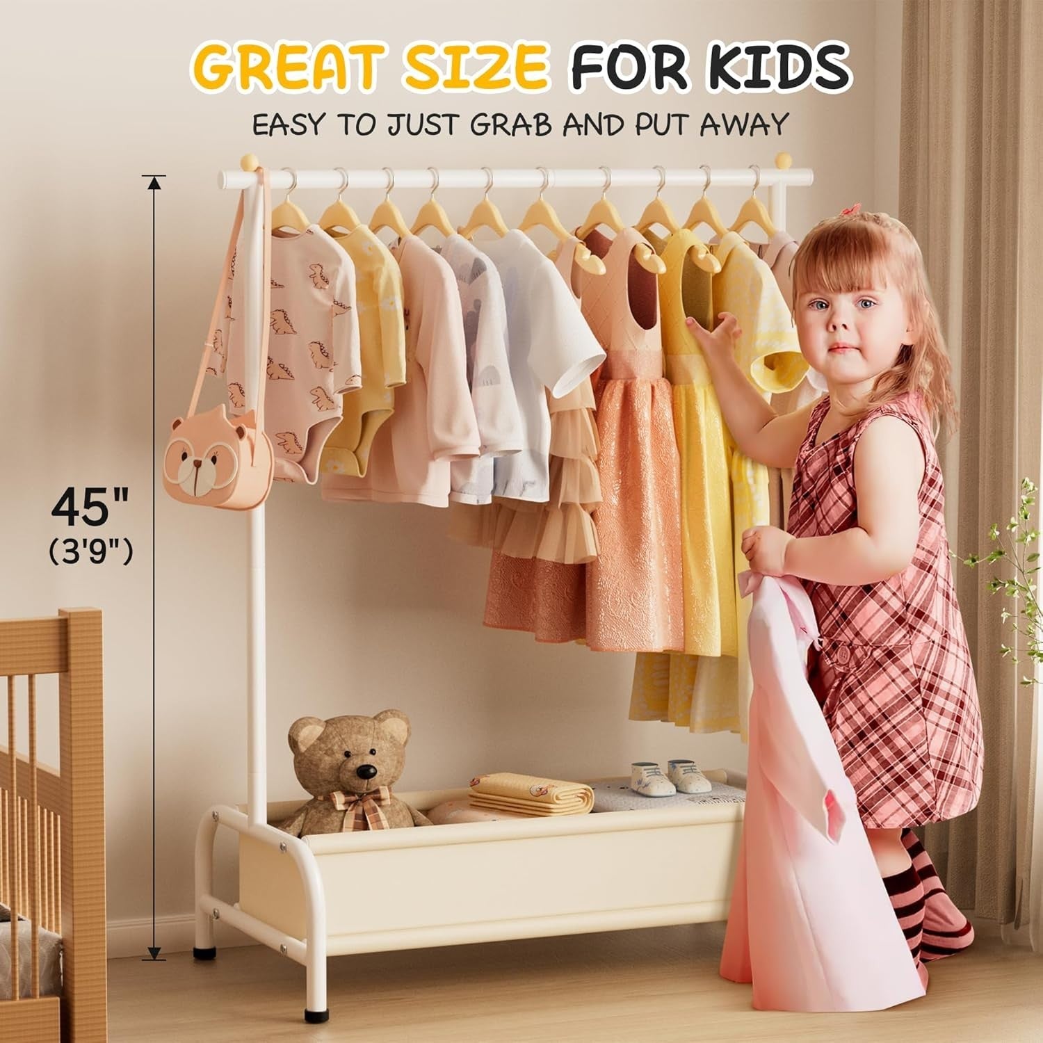 Kids Clothes Rail with Basket Storage Baby Dress Up Rack White