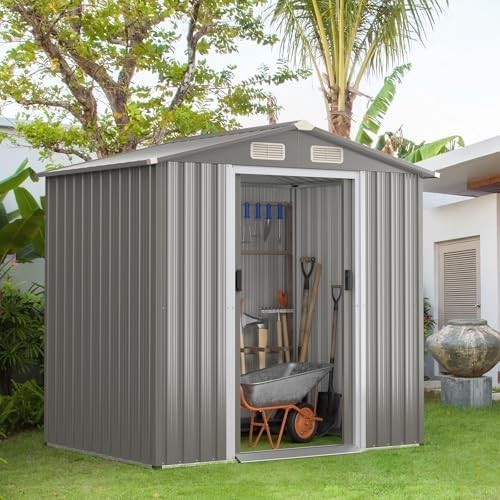6x4FT Metal Garden Shed with Vents, Sliding Door & Ramp, Waterproof Storage