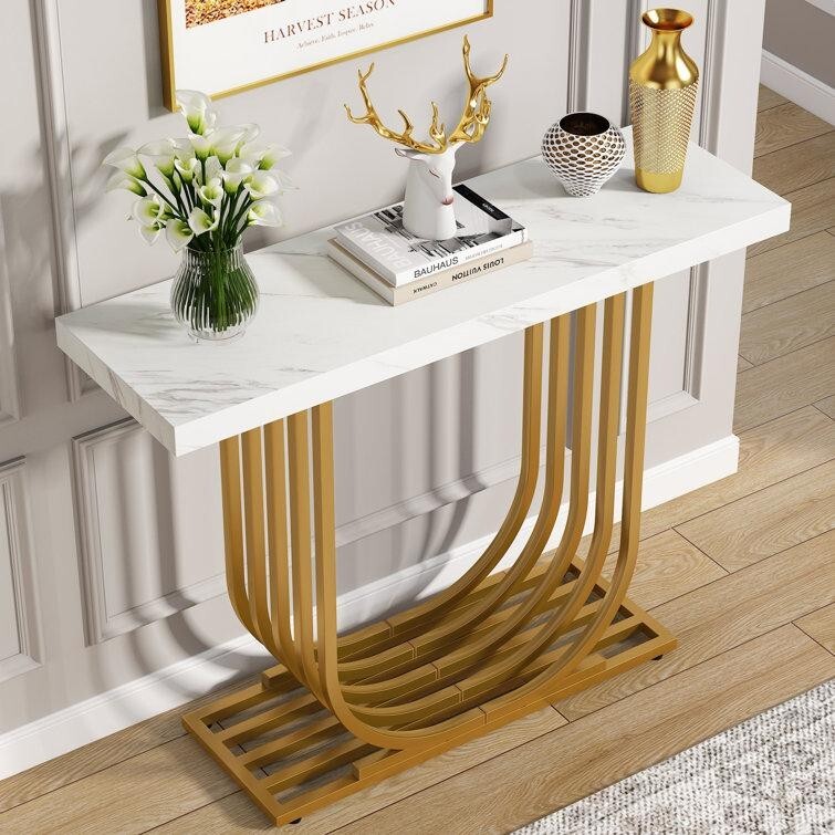 Modern Faux Marble Console Table with Gold Base – 39" Entryway Accent