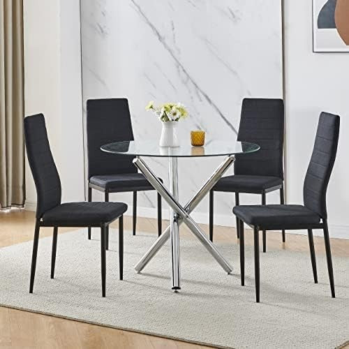 Round Glass Dining Table Set with 4 Black Linen Chairs for Small Spaces