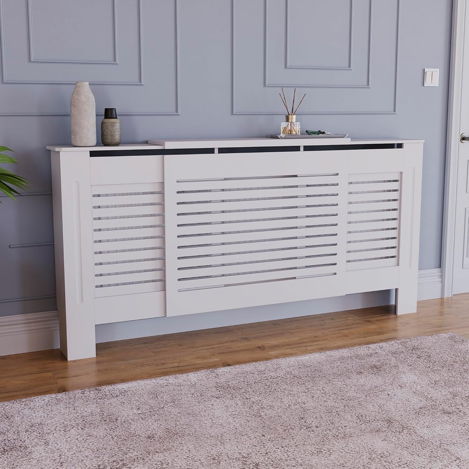 Adjustable White Radiator Cover MDF Cabinet | Modern Slatted Grill Heater Guard